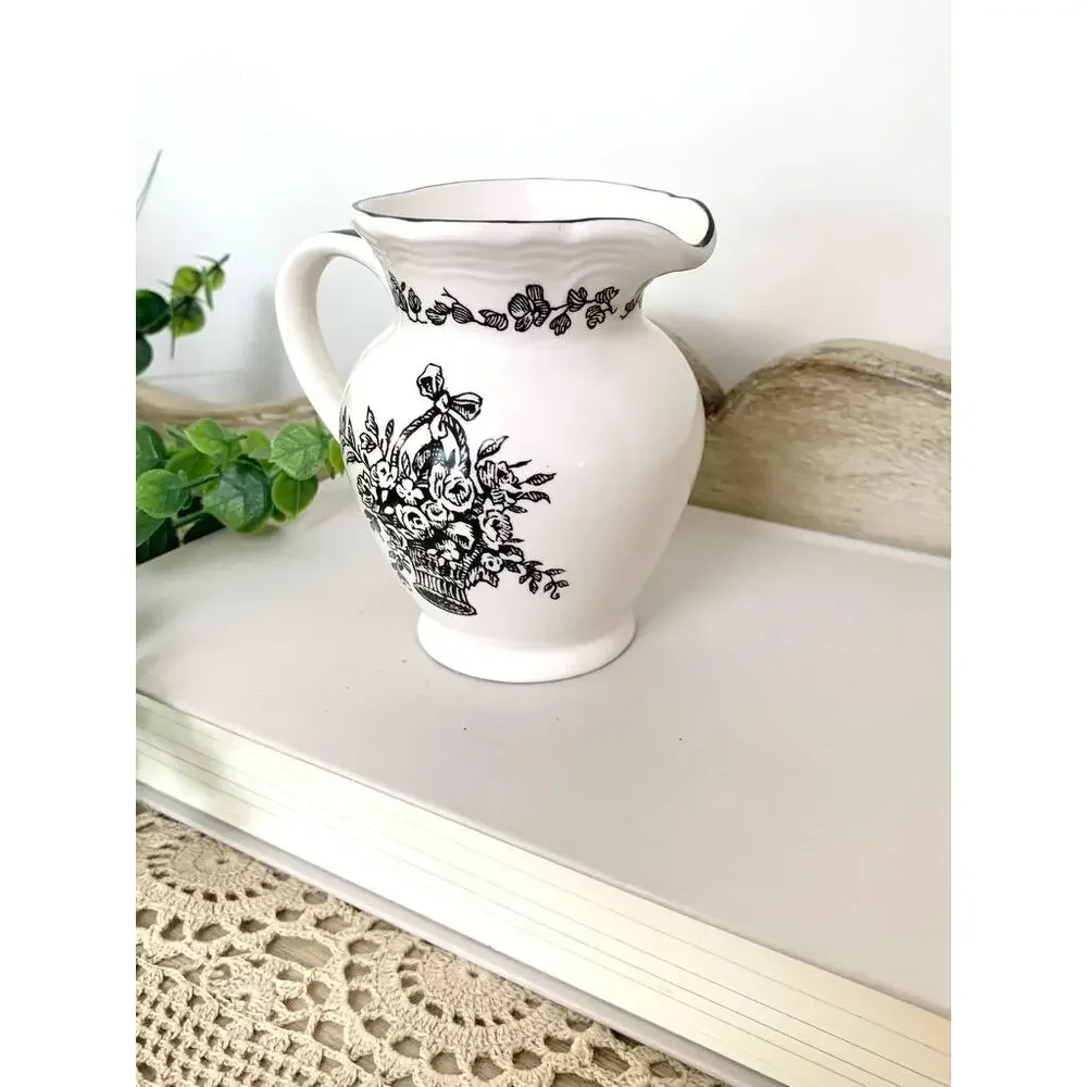 Vintage Black Transferware Creamer Vase New England Toile Farmhouse Whimsigoth